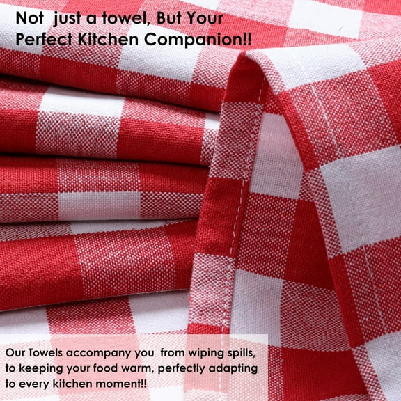HEIRLOOM COMFORT Gingham Check Kitchen Towels 5 Pack, 18"x26", 100% Cotton, Super Absorbent & Quick Dry, Durable Dish Towel for Drying Dishes, Machine Washable, Everyday Use - Red, White
