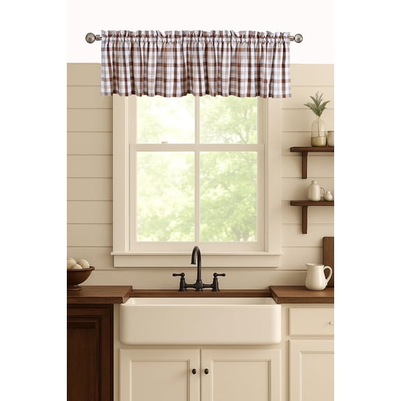 HEIRLOOM COMFORT Gingham Check Plaid Valances - 2 Pack, 54x18 Inch - Semi Sheer, Rod Pocket Farmhouse Curtains - Window Treatments for Kitchen, Living Room, Bedroom, Dining Room - Brown & Beige
