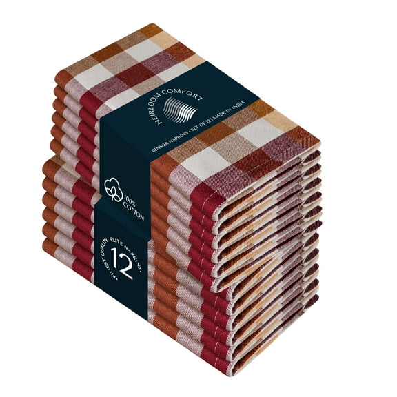 HEIRLOOM COMFORT Gingham Check Reusable Cloth Napkins, 12 Pack, 18x18 Inch, Multicolor, Cotton Fabric, Hotel Quality & Soft Table Napkins for Dinner, Holiday Parties, Dining - Burgundy, Brown, Yellow