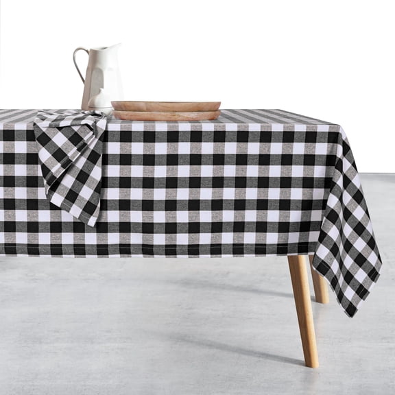 HEIRLOOM COMFORT Gingham Check Tablecloth, 100% Cotton, 52x70 Inch, Black and White, Durable Table Cover for Rustic Kitchen Decor, Picnics, BBQ, Dining Room, Indoor and Outdoor Use, Black White