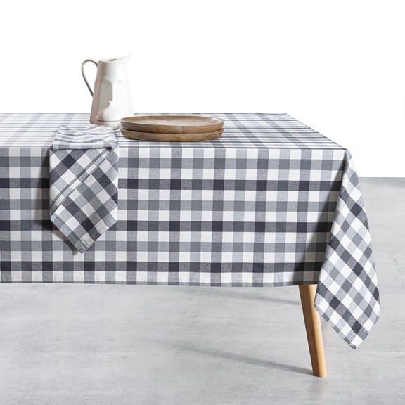 HEIRLOOM COMFORT Gingham Check Tablecloth, 100% Cotton, 60x84 Inch, Durable & Washable Table Cover for Dining, Picnic, Farmhouse Kitchen, Indoor Outdoor Use - Dark Grey, Light Grey, Natural