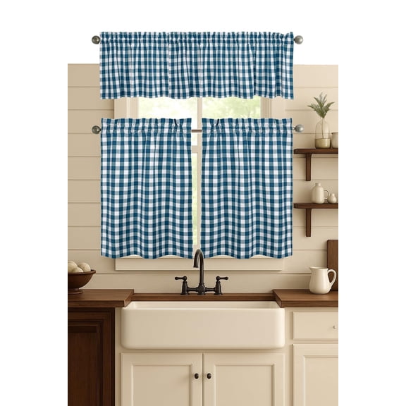 HEIRLOOM COMFORT Gingham Check Valance 54"x18" and Tiers 26"x36" Set - Semi Sheer Rod Pocket Curtains, Classic Farmhouse Plaid Window Treatments for Kitchen, Dining Room - Teal Green & White