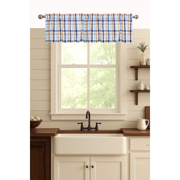HEIRLOOM COMFORT 100% Cotton 2 Tier (26"x36") & 1 Valance Curtains (54"x18"), Gingham Plaid Checkered Curtains, Semi Sheer Valances for Windows, Bedroom, Kitchen, Living Room Decor, Blue & Yellow