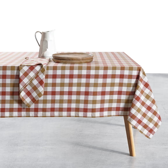 HEIRLOOM COMFORT Gingham Cotton Tablecloth 60x102 Inch, Rustic Farmhouse Style, Reusable & Washable, Indoor Outdoor Dining Table Cover for Events, Everyday Use - Rust, Khaki, Natural
