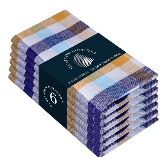 HEIRLOOM COMFORT Cloth Napkins Set of 6, 100% Cotton Napkin, Soft & Reusable Gingham Napkins for Dinner, Wedding, Dining, 18" x 18", Indigo Blue, Mustard Yellow, Aqua Blue, White