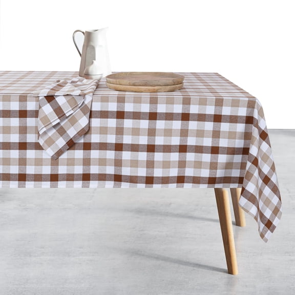HEIRLOOM COMFORT Gingham Tablecloth 60x84 Inch, 100% Cotton, Classic Check, Reusable & Machine Washable, Rustic Dining Table Cover for Kitchen, Holidays, Outdoor Gatherings, Brown, Beige White