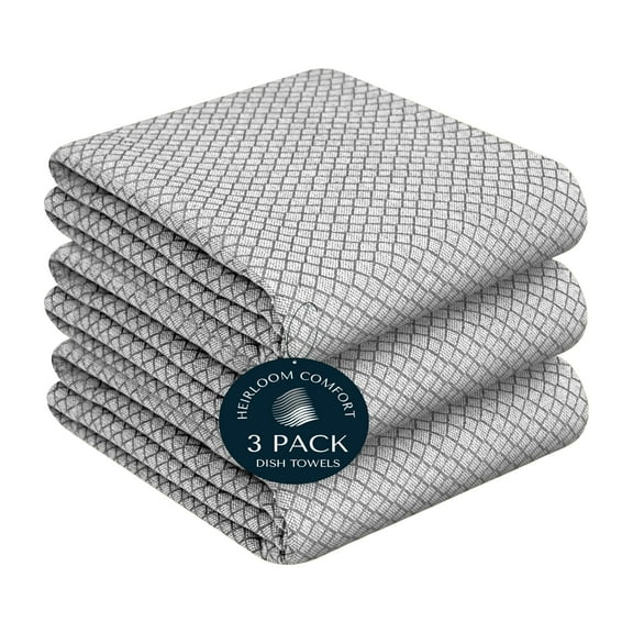 HEIRLOOM COMFORT Grey Honeycomb Kitchen Towels 3 Pack, 16x26 Inch, 100% Cotton, Fast Dry, Ultra Absorbent, Reusable Dish Towels for Drying Dishes, Cleaning & Home Kitchen Essentials
