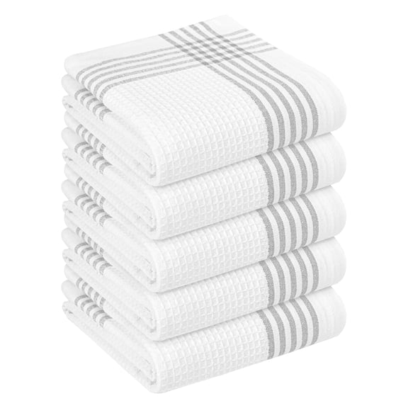 HEIRLOOM COMFORT Grey and White Cotton Kitchen Towels 5 Pack, 16x26 Inch, Waffle Weave, Quick Dry, Absorbent, Durable Dish Towels for Drying, Cleaning, Cooking, Daily Kitchen Use