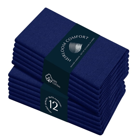 HEIRLOOM COMFORT Cloth Napkins Set of 12, 100% Cotton Napkin, Soft & Reusable Cotton Napkins, Napkin for Dinner, Wedding, Dining, 17" x 17" (Indigo Blue)