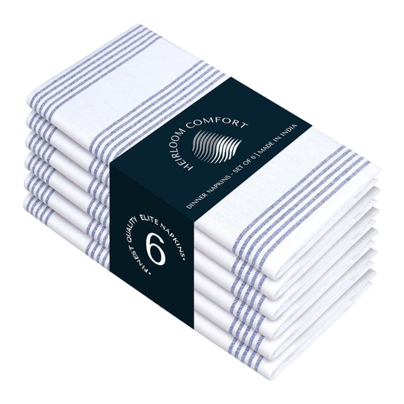 HEIRLOOM COMFORT Indigo Blue Stripe Cloth Napkins Set of 6, 18x18 Inch, 100% Cotton, Multi Pin Striped Table Dinner Napkin for Formal Events, Holiday, Reusable and Washable Fabric for Everyday Use
