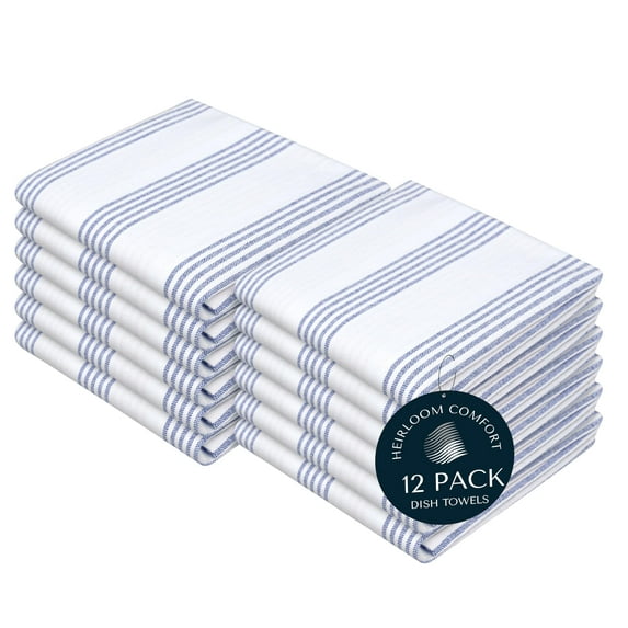 HEIRLOOM COMFORT Indigo Blue Stripe Kitchen Towels, 12 Pack, 100% Cotton, Super Absorbent and Quick Dry, Multi Pin Striped Towel Set, Durable Dish Cloths for Kitchen Use, Cleaning & Drying Dishes