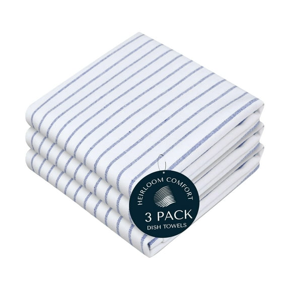 HEIRLOOM COMFORT Indigo Blue Stripe Kitchen Towels, 3 Pack, 100% Cotton, Super Absorbent and Quick Dry, Classic Striped Towel Set, Durable Dish Cloths for Kitchen Use, Cleaning & Drying Dishes