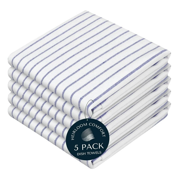 HEIRLOOM COMFORT Indigo Blue Stripe Kitchen Towels, 5 Pack, 100% Cotton, Super Absorbent and Quick Dry, Classic Striped Towel Set, Durable Dish Cloths for Kitchen Use, Cleaning & Drying Dishes