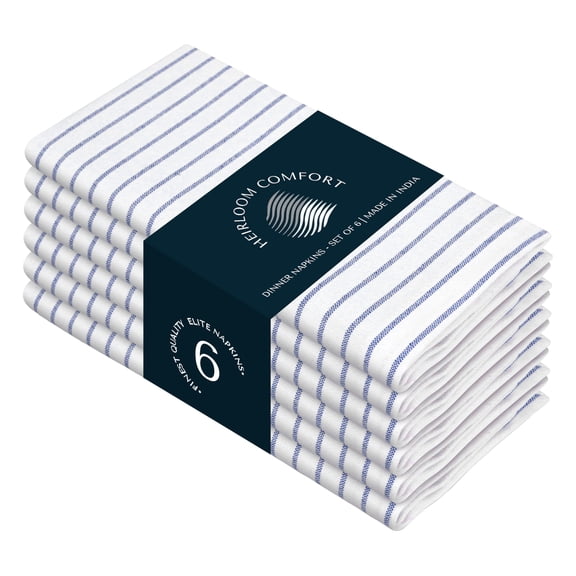 HEIRLOOM COMFORT Indigo Blue Stripe Napkins Set of 6, 18x18 Inch, 100% Cotton, Classic Striped Cloth Napkin for Formal Events, Holiday Dinners, Reusable and Washable Fabric for Everyday Dining