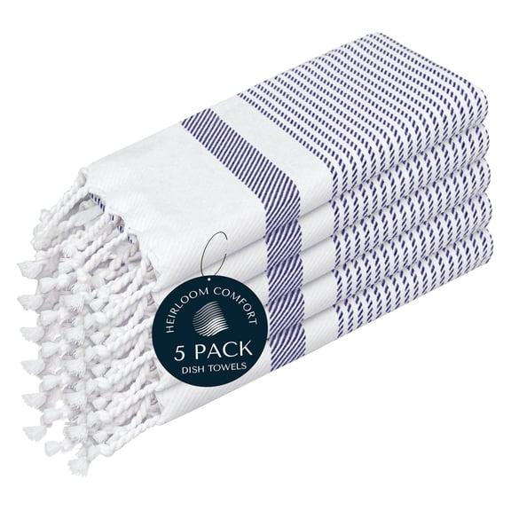 HEIRLOOM COMFORT Indigo Blue Turkish Kitchen Towels 16x26 Inch, 5 Pack, 100% Cotton, Soft, Absorbent, Fast Dry, Machine Washable, Dish Towel with Tassels for Drying Dishes, Cleaning, Everyday Use