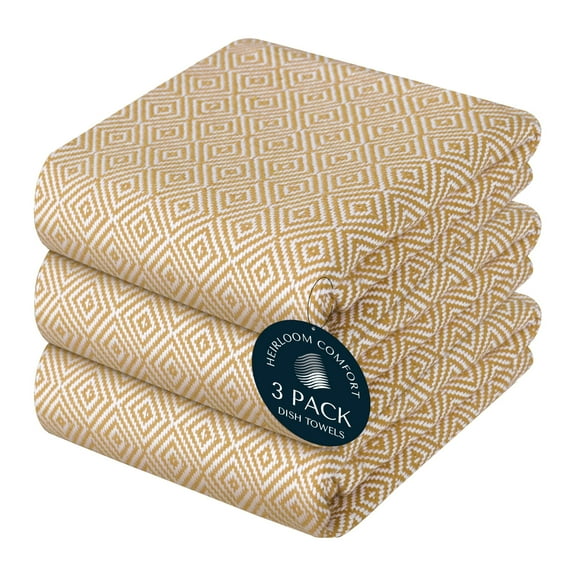 HEIRLOOM COMFORT Khaki Kitchen Towels, 3 Pack, 100% Cotton, 16"x26", Super Absorbent and Quick Dry, Diamond Weave Towel Set, Reusable, Durable Dish Cloths for Kitchen Use, Cleaning & Drying Dishes