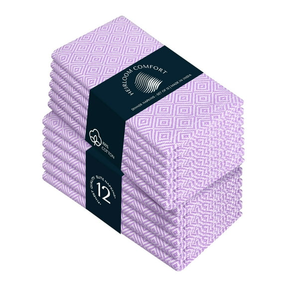 HEIRLOOM COMFORT Lavender Cloth Napkins (Set of 12), 16x16 Inch, Diamond Weave, 100% Cotton, Soft, Durable, Machine Washable Table Linen Napkin for Luncheon, Cocktail Events, Celebrations & Daily Use