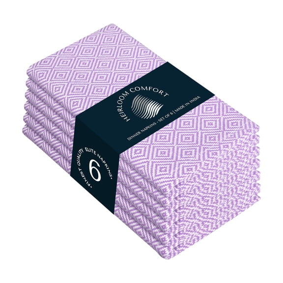 HEIRLOOM COMFORT Lavender Cloth Napkins (Set of 6), 16x16 Inch, Diamond Weave, 100% Cotton, Soft, Durable, Machine Washable Table Linen Napkin for Luncheon, Cocktail Events, Celebrations & Daily Use