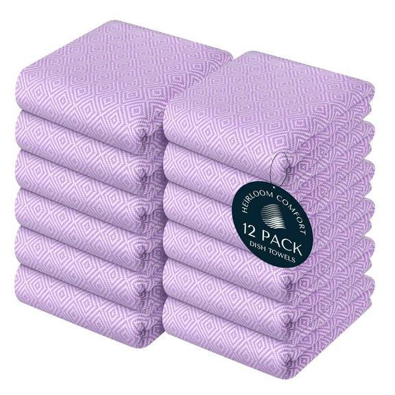 HEIRLOOM COMFORT Lavender Kitchen Towels Set of 12, 100% Cotton, Diamond Design Weave Towel, Durable & Super Absorbent Dishcloths Pack, Quick Dry Towels for Daily Kitchen Use, Wiping & Drying Dishes