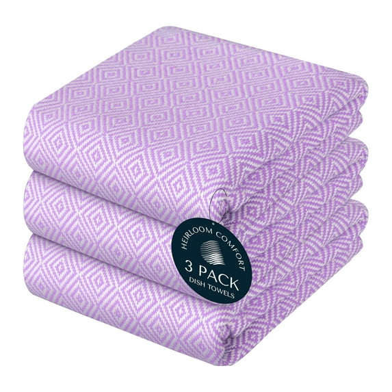 HEIRLOOM COMFORT Lavender Kitchen Towels Set of 3, 100% Cotton, Diamond Design Weave Towel, Durable & Super Absorbent Dishcloths Pack, Quick Dry Towels for Daily Kitchen Use, Wiping & Drying Dishes