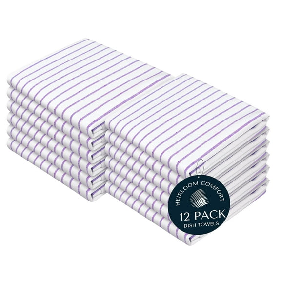 HEIRLOOM COMFORT Lavender Stripe Kitchen Towels, 12 Pack, 100% Cotton, Super Absorbent and Quick Dry, Classic Striped Towel Set, Durable Dish Cloths for Kitchen Use, Cleaning & Drying Dishes