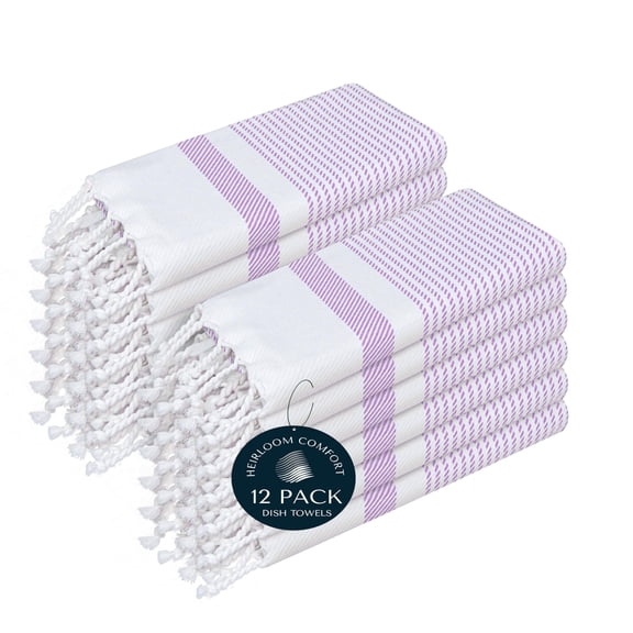 HEIRLOOM COMFORT Lavender Turkish Kitchen Towels 16x26 Inch, 12 Pack, 100% Cotton, Ultra Absorbent, Soft, Fast Dry, Machine Washable, Dish Towel with Tassels for Drying Dishes, Cleaning, Everyday Use