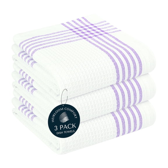 HEIRLOOM COMFORT Lavender and White Kitchen Towels 3 Pack, 16x26 Inch, 100% Cotton Waffle Weave, Super Absorbent, Quick Dry, Soft & Durable Dish Towels for Drying, Cooking, Cleaning Tasks