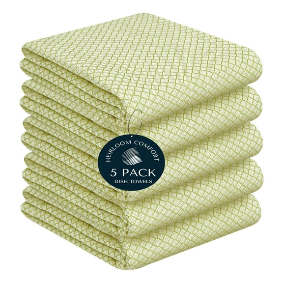 HEIRLOOM COMFORT Lemon Green Honeycomb Kitchen Towels 5 Pack, 16x26 Inch, 100% Cotton, Quick Drying, Super Absorbent, Reusable & Washable Dish Towels for Drying, Cleaning, and Everyday Use