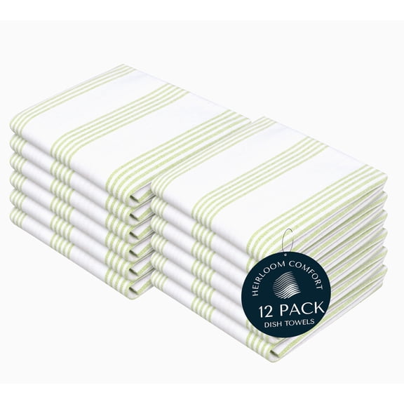 HEIRLOOM COMFORT Lemon Green Stripe Kitchen Towels (12 Pack), 100% Cotton, Multi Pin Striped, Super Absorbent & Durable Dish Cloths, Quick Dry Towel Set for Drying Dishes, Everyday Kitchen Cleaning