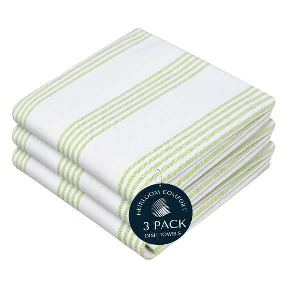 HEIRLOOM COMFORT Lemon Green Stripe Kitchen Towels (3 Pack), 100% Cotton, Multi Pin Striped, Super Absorbent & Durable Dish Cloths, Quick Dry Towel Set for Drying Dishes, Everyday Kitchen Cleaning