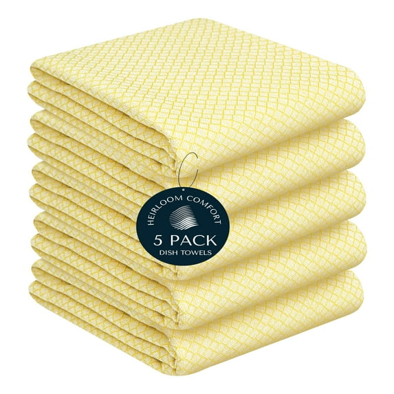 HEIRLOOM COMFORT Lemon Yellow Honeycomb Kitchen Towels 5 Pack, 16x26 Inch, 100% Cotton, Quick Dry, Highly Absorbent & Durable Dish Towels for Daily Use, Drying, Wiping & Cooking Tasks