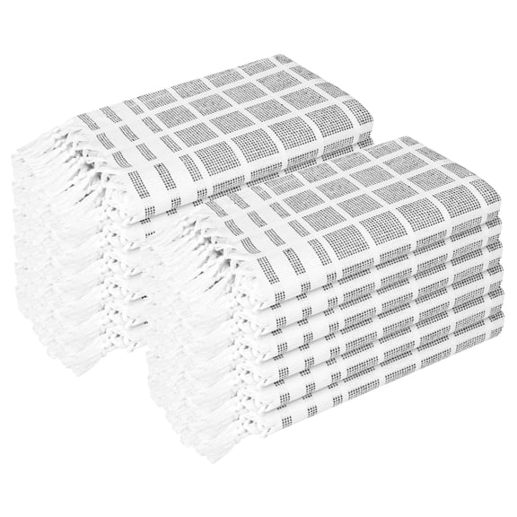 HEIRLOOM COMFORT Light Grey and White Dotted Matrix Dish Towels 12 Pack, 100% Cotton, 16x26 Inch, Decorative Tassels, Absorbent, Reusable, Quick Dry Kitchen Towels for Drying Dishes and Hands