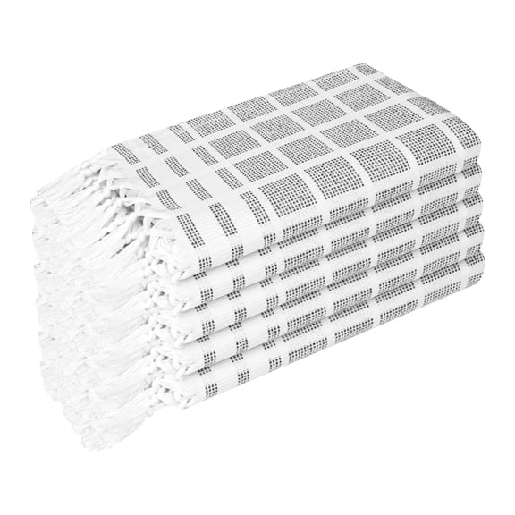 HEIRLOOM COMFORT Light Grey and White Dotted Matrix Dish Towels 5 Pack, 100% Cotton, 16x26 Inch, Decorative Tassels, Absorbent, Reusable, Quick Dry Kitchen Towels for Drying Dishes and Hands