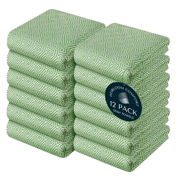 HEIRLOOM COMFORT Mint Green Dish Towels, 12 Pack, 100% Cotton, Reusable, Super Absorbent and Quick Dry, Diamond Weave Kitchen Towel Set, Durable Wash Cloths for Kitchen Use, Cleaning & Drying Dishes