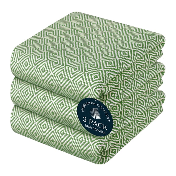 HEIRLOOM COMFORT Mint Green Dish Towels, 3 Pack, 100% Cotton, Reusable, Super Absorbent and Quick Dry, Diamond Weave Kitchen Towel Set, Durable Wash Cloths for Kitchen Use, Cleaning & Drying Dishes