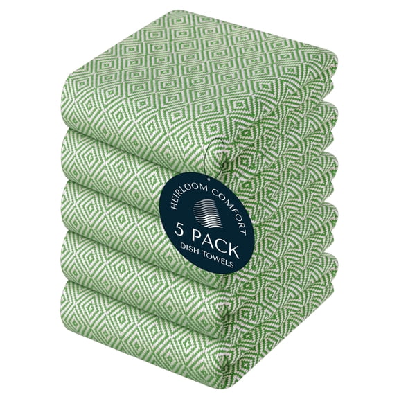 HEIRLOOM COMFORT Mint Green Dish Towels, 5 Pack, 100% Cotton, Reusable, Super Absorbent and Quick Dry, Diamond Weave Kitchen Towel Set, Durable Wash Cloths for Kitchen Use, Cleaning & Drying Dishes