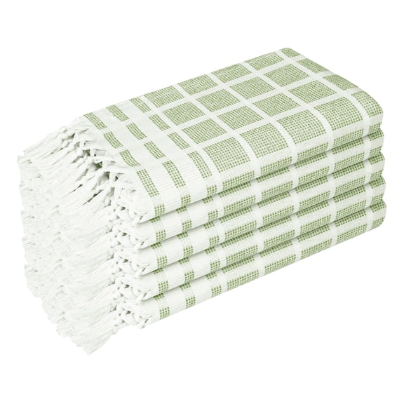 HEIRLOOM COMFORT Mint Green and White Dotted Matrix Kitchen Towels 5 Pack, 100% Cotton, 16x26 Inch, Decorative Tassels, Quick Dry Dish Towels for Cleaning, Cooking & Drying