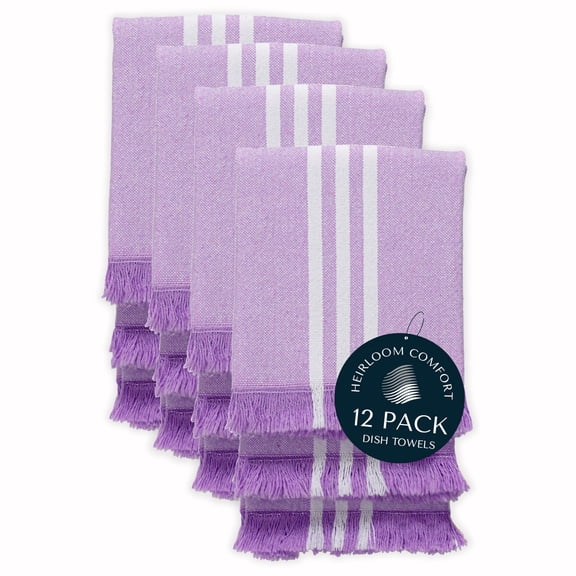 HEIRLOOM COMFORT Monochrome Stripe 100% Cotton Dish Towels Set of 12, Decorative Fringes, 16x26 Inch, Quick Dry, Absorbent & Reusable for Cleaning, Cooking, Kitchen Decor, Machine Washable, Lavender