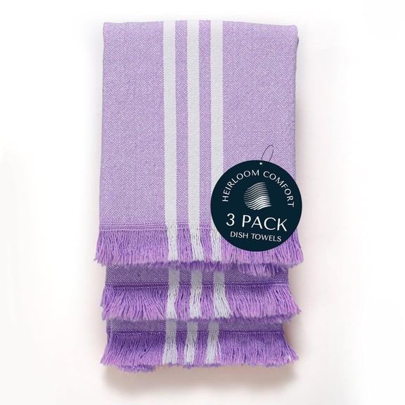 HEIRLOOM COMFORT Monochrome Stripe 100% Cotton Dish Towels Set of 3, Decorative Fringes, 16x26 Inch, Quick Dry, Absorbent & Reusable for Cleaning, Cooking, Kitchen Decor, Machine Washable, Lavender