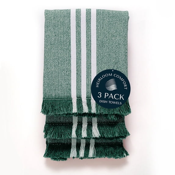 HEIRLOOM COMFORT Monochrome Stripe Kitchen Towels 3 Pack, 16x26 Inch, 100% Cotton, Super Absorbent & Quick Dry, Durable, Fringed Dish Towel for Drying Dishes, Washable, Everyday Use, Forest Green