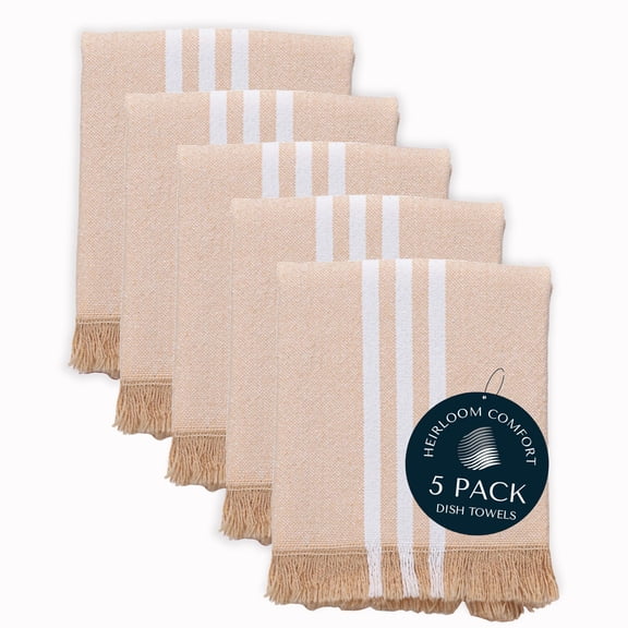 HEIRLOOM COMFORT Monochrome Stripe Kitchen Towels 5 Pack, 16x26 Inch, 100% Cotton, Super Absorbent & Quick Dry, Durable, Fringed Dish Towel for Drying Dishes, Machine Washable, Everyday Use, Beige