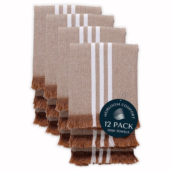 HEIRLOOM COMFORT Monochrome Striped Dish Towels 12 Pack, 16x26 Inch, 100% Cotton, Fringed Edges, Absorbent & Durable, Quick Drying Kitchen Towels for Daily Cleaning, Cooking, Baking, Easy Care, Brown