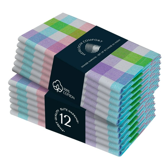 HEIRLOOM COMFORT Multi Color Check Cloth Napkins 18x18 Inch - Set of 12 - 100% Cotton, Soft, Absorbent, Washable, Reusable - Perfect Table Linen Napkin for Spring, Summer, Easter, Everyday Dining