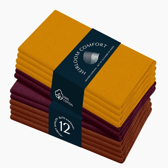 HEIRLOOM COMFORT Cloth Napkins Set of 12, 100% Cotton Napkin, Soft & Reusable Cotton Napkins, Napkin for Dinner, Wedding, Dining, 17" x 17" (Mustard Yellow, Burgundy, Rust)