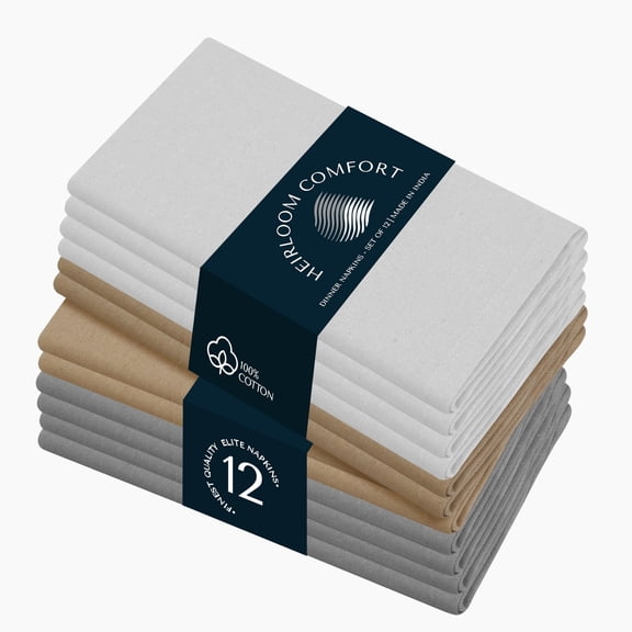 HEIRLOOM COMFORT Cloth Napkins Set of 12, 100% Cotton Napkin, Soft & Reusable Cotton Napkins, Napkin for Dinner, Wedding, Dining, 17" x 17" (White, Beige, Ash Grey)