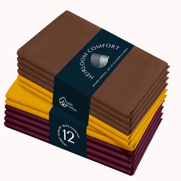HEIRLOOM COMFORT Multi Color Cloth Napkins 18"x18" - Set of 12 - 100% Cotton, Washable, Reusable - Perfect Hotel Quality Napkin for Table, Dinner, Weddings, Everyday Dining - Yellow, Brown, Burgundy