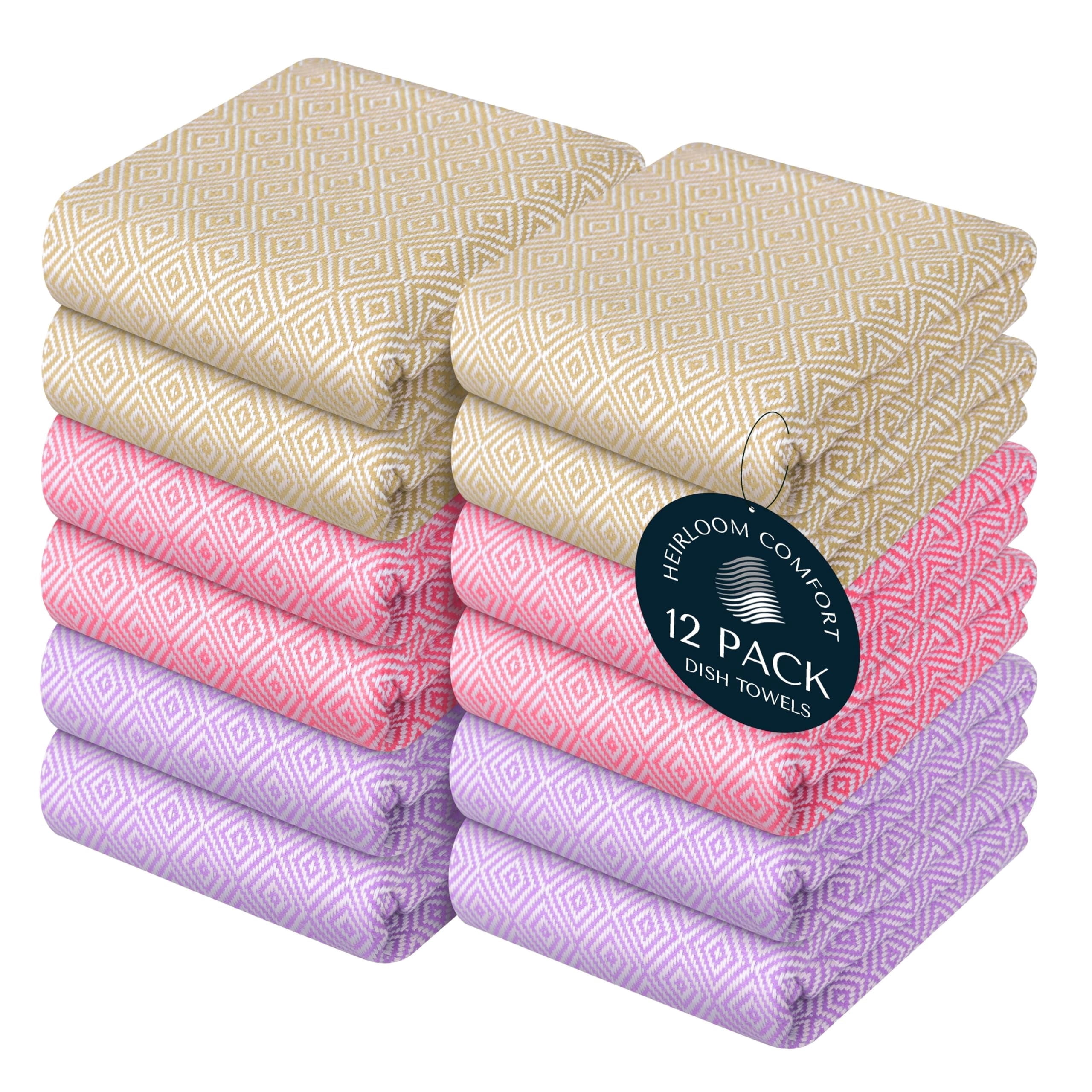 HEIRLOOM COMFORT Multi Color Kitchen Towels 12 Pack, 100% Cotton, Diamond Weave Towel Set, 16"x26", Super Absorbent & Durable Dishcloths, Quick Drying for Drying Dishes - Beige, Dark Pink, Lavender