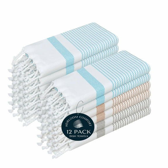 HEIRLOOM COMFORT Multi Color Kitchen Towels 16x26 Inch, 12 Pack, 100% Cotton, Ultra Absorbent, Fast Dry, Machine Washable, Drying Dishes, Cleaning, Everyday Use - Aqua Blue, Beige, Ash Grey