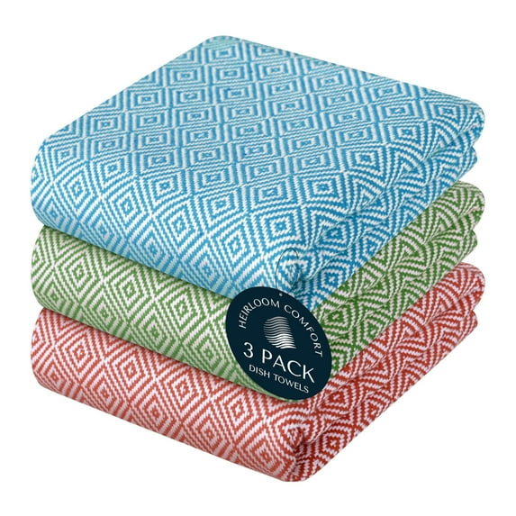 HEIRLOOM COMFORT Multi Color Kitchen Towels 3 Pack, 100% Cotton, Diamond Weave Towel Set, 16"x26", Super Absorbent Dishcloths, Quick Drying for Drying Dishes - Turquiose Blue, Mint Green, Rust