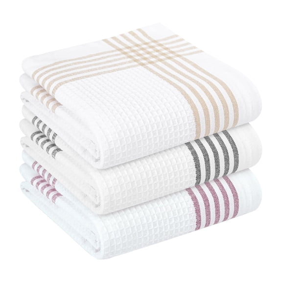 HEIRLOOM COMFORT Multi Color Kitchen Towels 3 Pack, 16x26 Inch, 100% Cotton Waffle Weave, Super Absorbent, Quick Dry, Reusable Dish Towels for Cleaning, Drying, Cooking, Beige, Black, Burgundy Wine